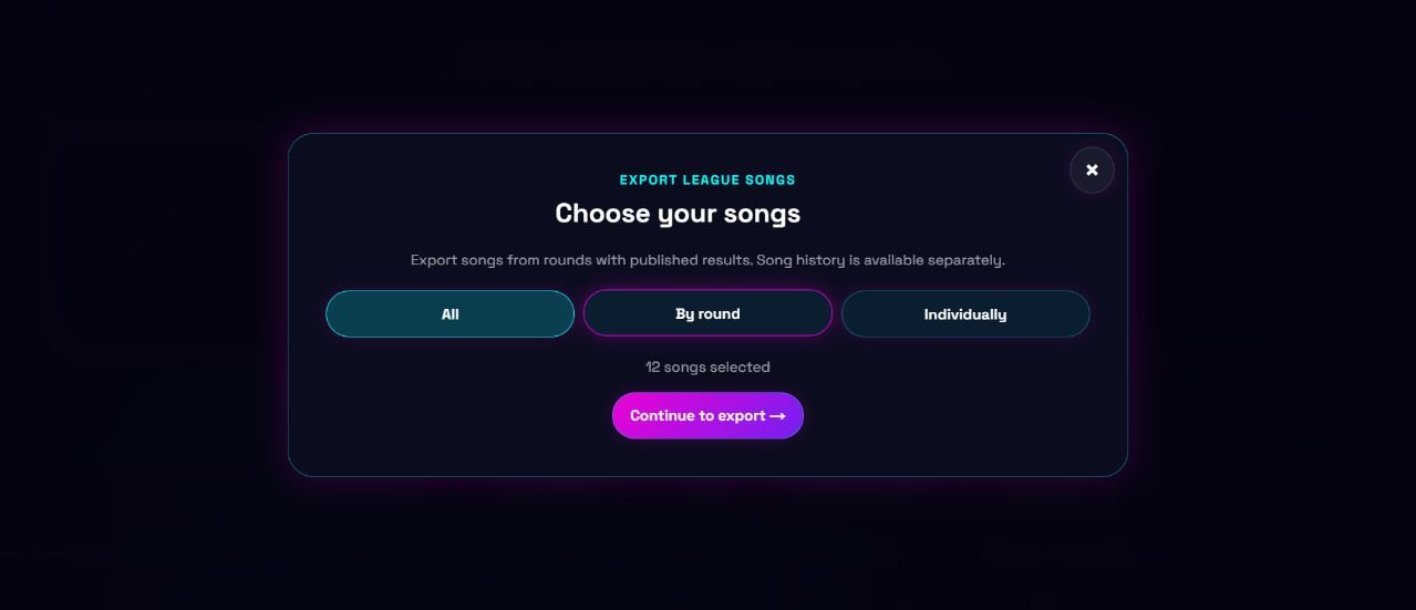 Song export selector offering all songs, one round or individual tracks