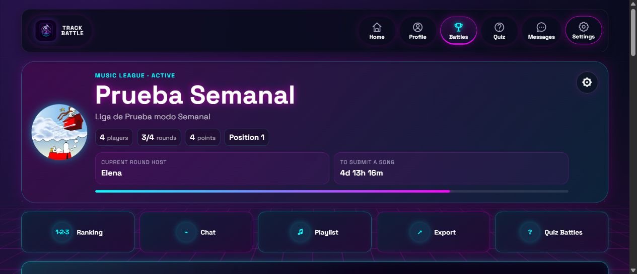 A Track Battle battle in English showing the current host, deadline, standings and song export tools