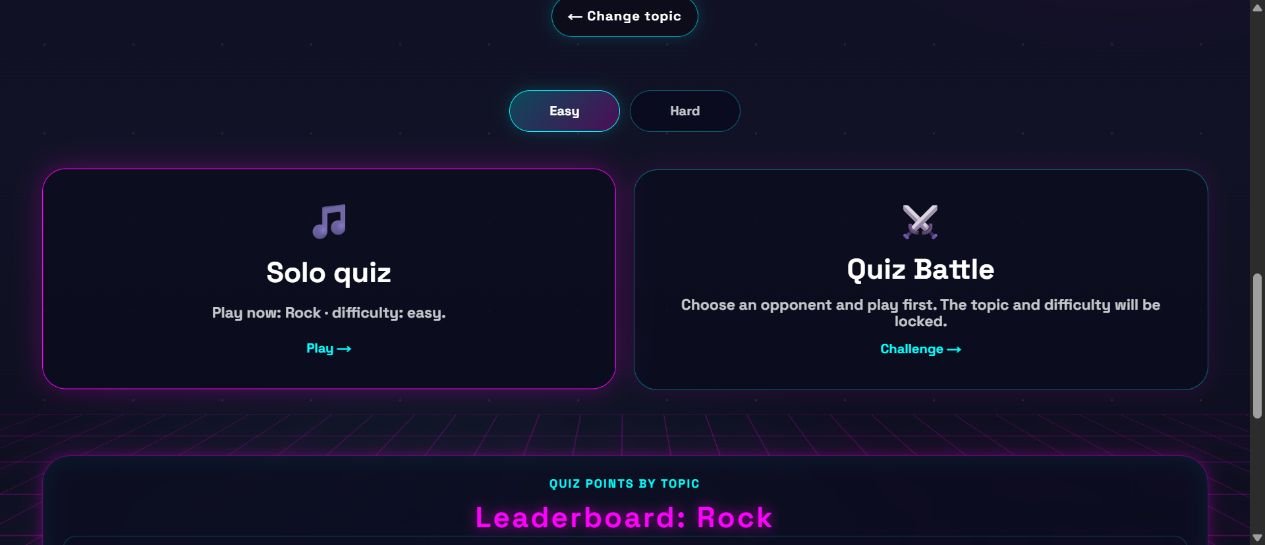 English music quiz interface showing Easy and Hard difficulty, Solo quiz and Quiz Battle