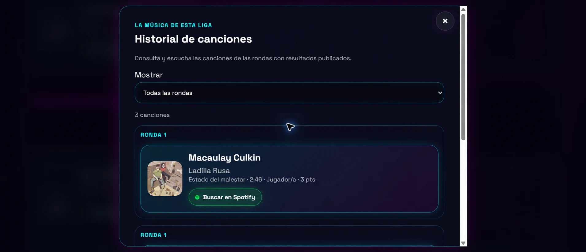Historial de canciones de una battle, filtrado por rondas, con carátula y enlace para escucharlas