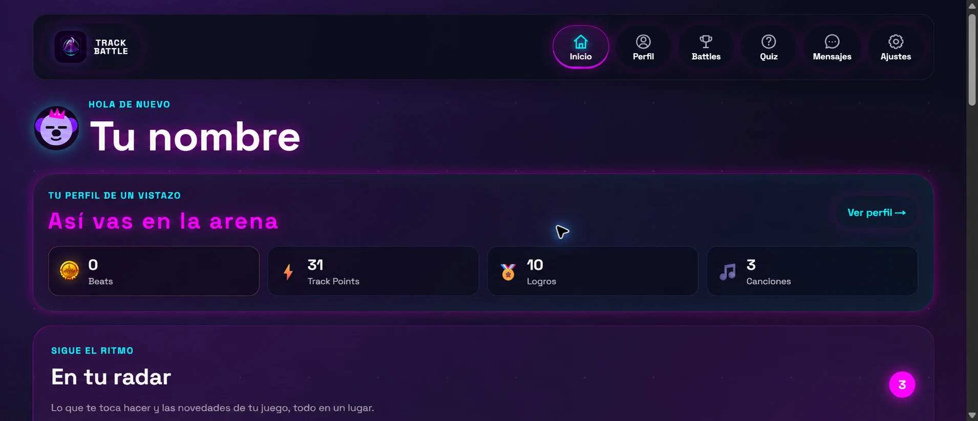 Inicio de Track Battle con Track Points, logros y acciones pendientes